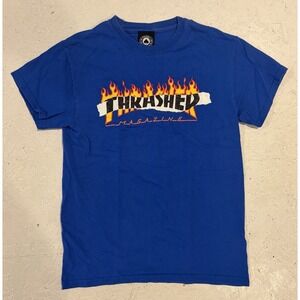 Thrasher Shirt Mens Small Blue Short Sleeve Graphic Print Skate Magazine Flames